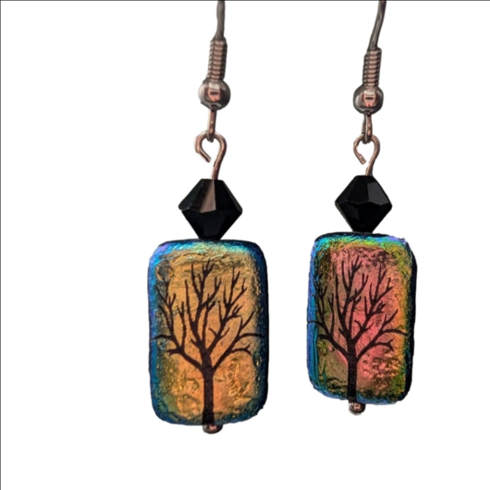 Handmade Czech Glass Tree Earrings – Iridescent